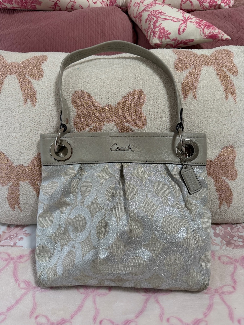 Vintage Coach Metallic Silver Signature Shoulder Bag - Light Gray Accents